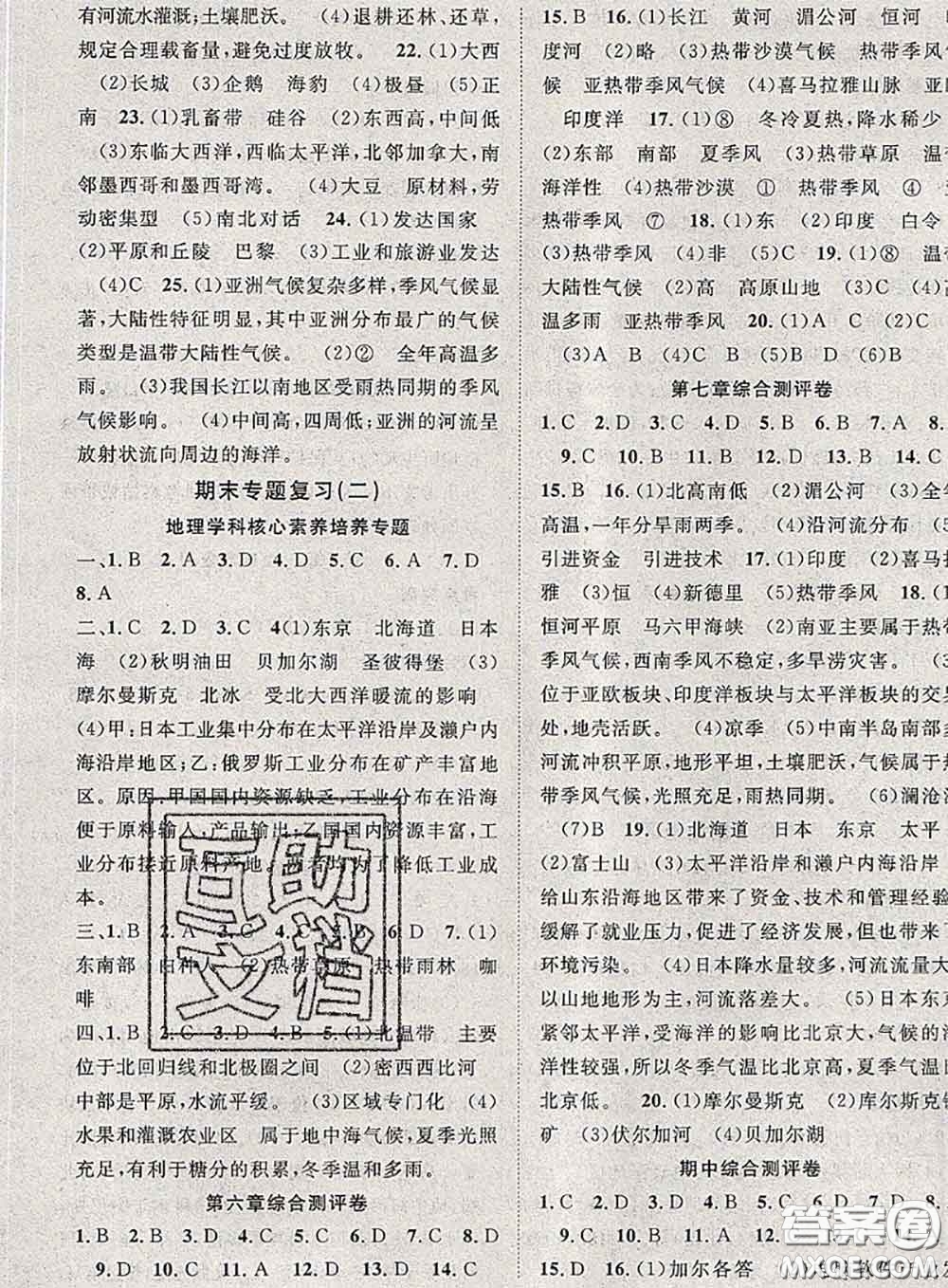 2020春優(yōu)質課堂導學案七年級地理下冊人教版答案