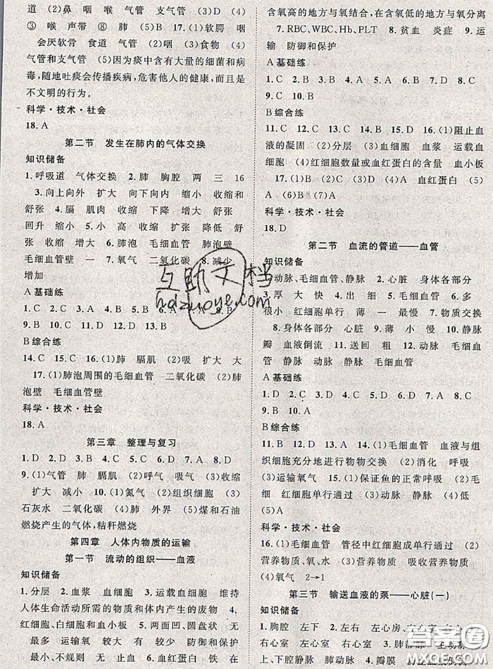 2020春優(yōu)質(zhì)課堂導學案七年級生物下冊人教版答案