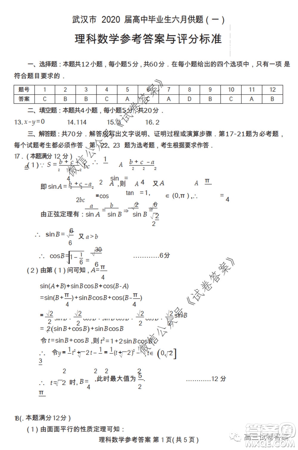 武漢市2020屆高中畢業(yè)生六月供題一理科數(shù)學(xué)試題及答案