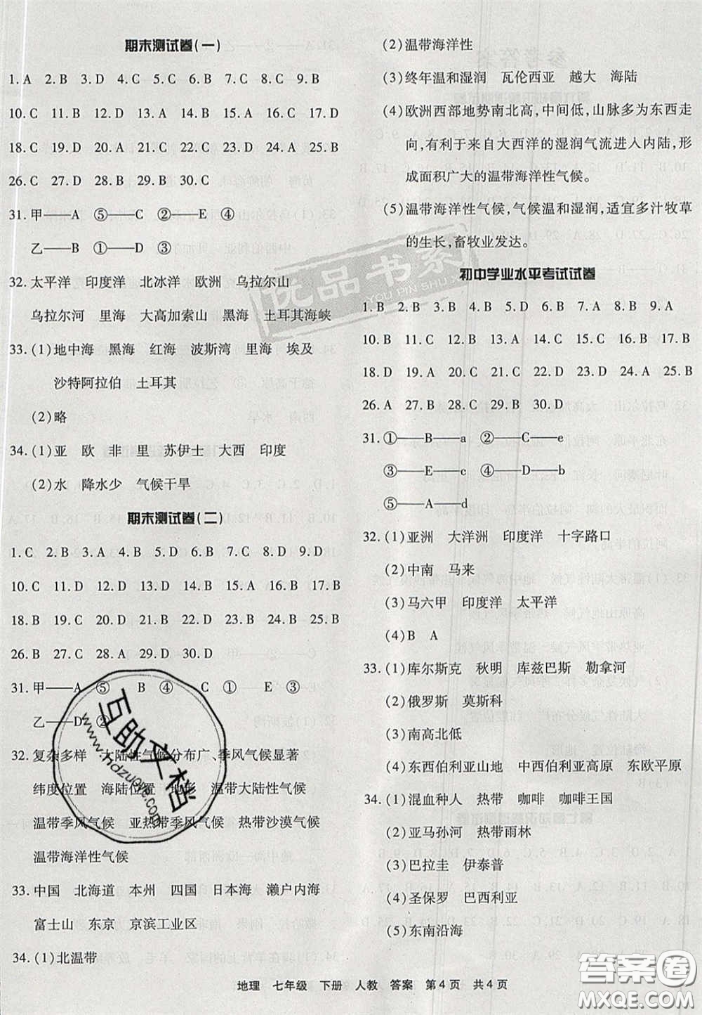 陽(yáng)光出版社2020年優(yōu)品單元與期末七年級(jí)地理下冊(cè)人教版答案