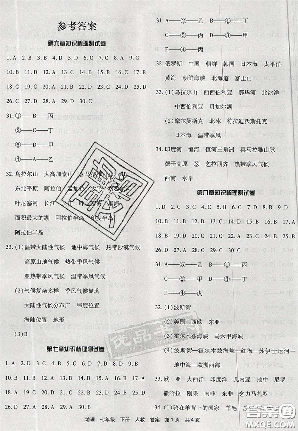 陽(yáng)光出版社2020年優(yōu)品單元與期末七年級(jí)地理下冊(cè)人教版答案