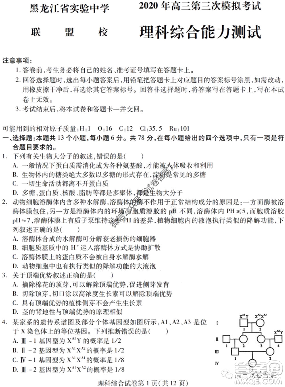 黑龍江省實驗中學(xué)2020年第三次模擬考試?yán)砜凭C合試題及答案