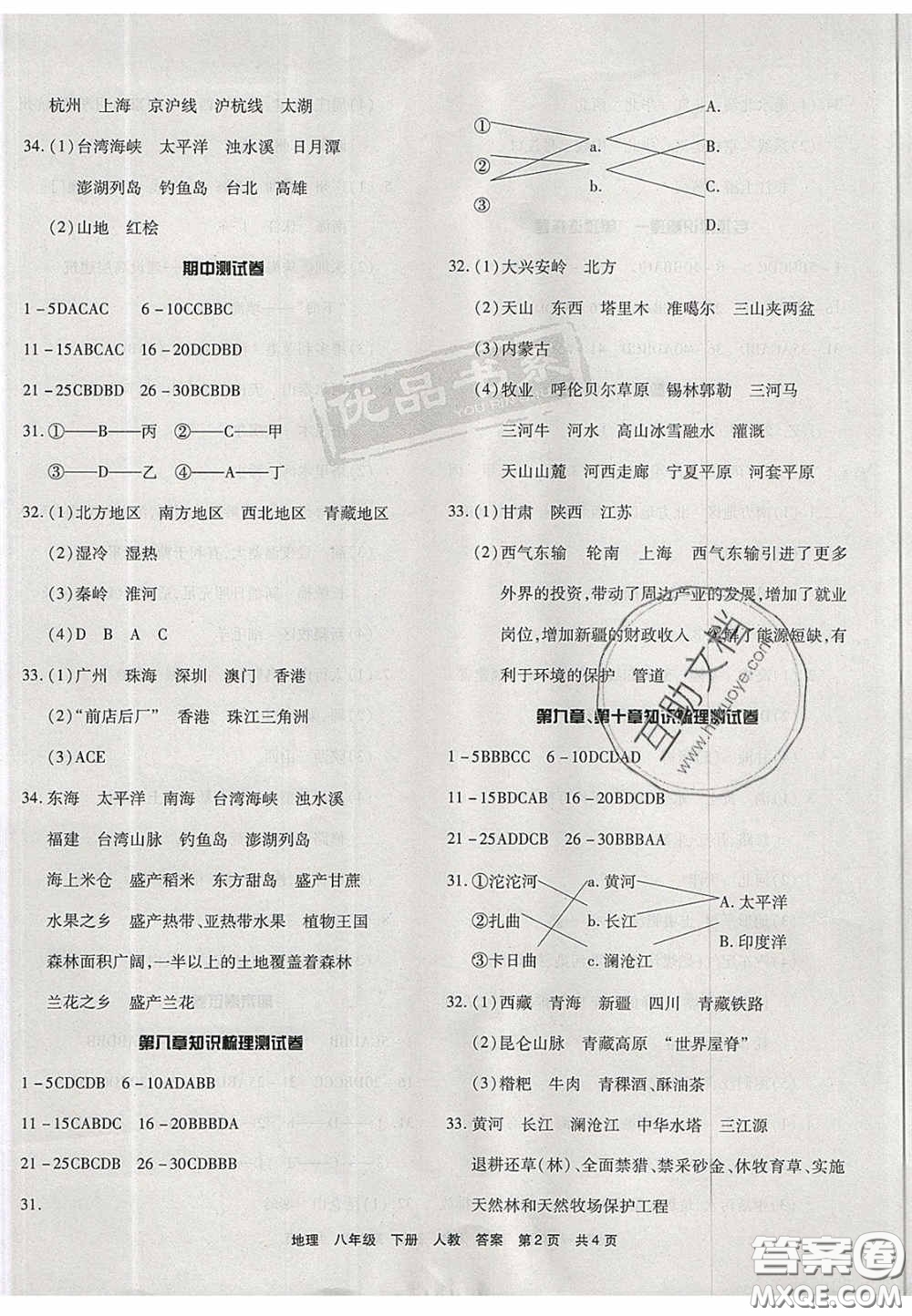 陽光出版社2020年優(yōu)品單元與期末八年級地理下冊人教版答案