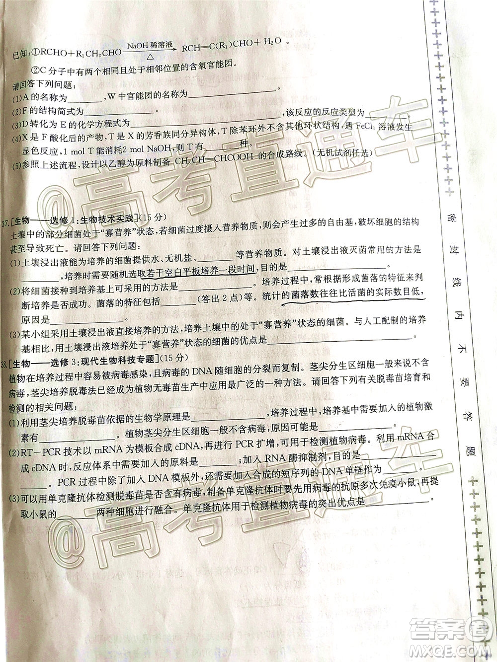 2020年金太陽百萬聯(lián)考全國I卷雙四方形高三理科綜合試題及答案