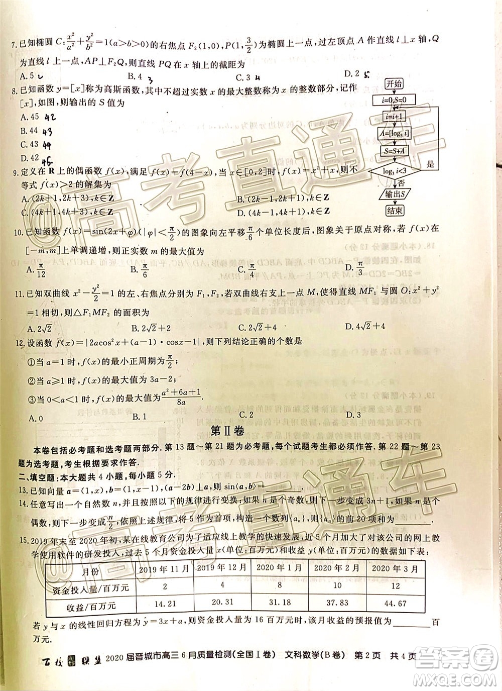 百校聯(lián)盟2020屆高三6月聯(lián)考全國I卷文科科數學試題及答案
