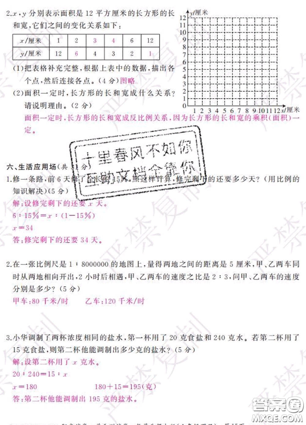 2020春陽光試卷單元測(cè)試卷六年級(jí)數(shù)學(xué)下冊(cè)北師版答案