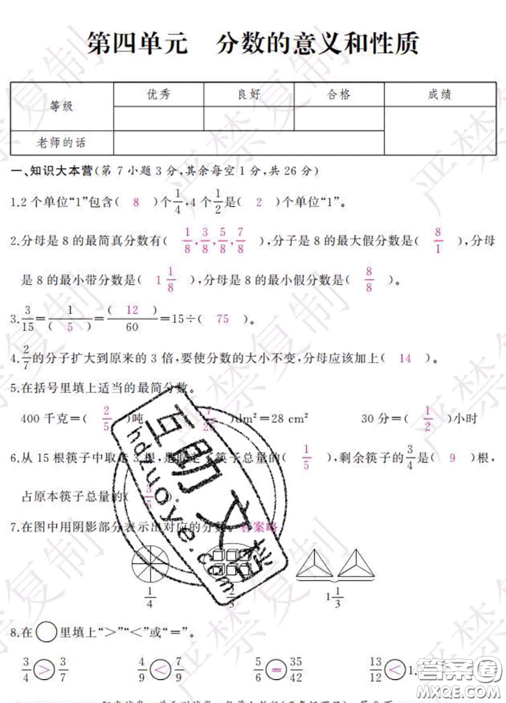 2020春陽光試卷單元測試卷五年級數(shù)學下冊人教版答案