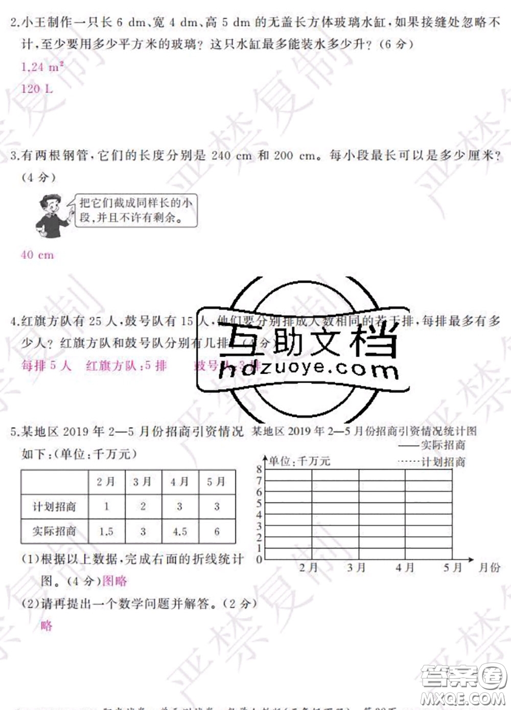 2020春陽光試卷單元測試卷五年級數(shù)學下冊人教版答案