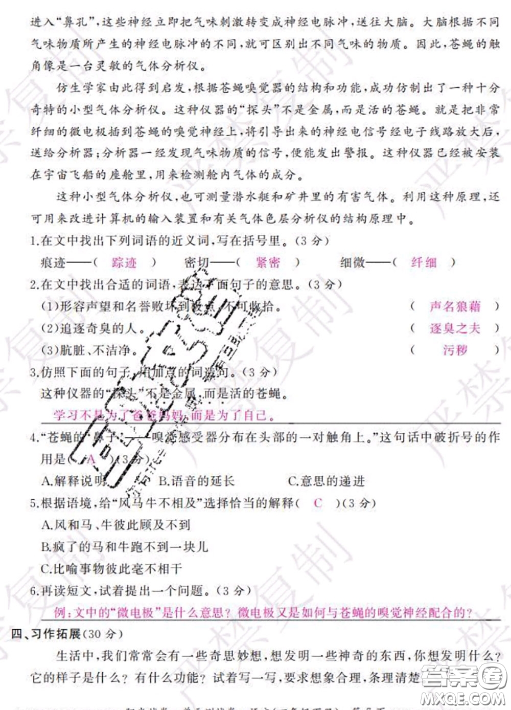 2020春陽(yáng)光試卷單元測(cè)試卷四年級(jí)語(yǔ)文下冊(cè)人教版答案