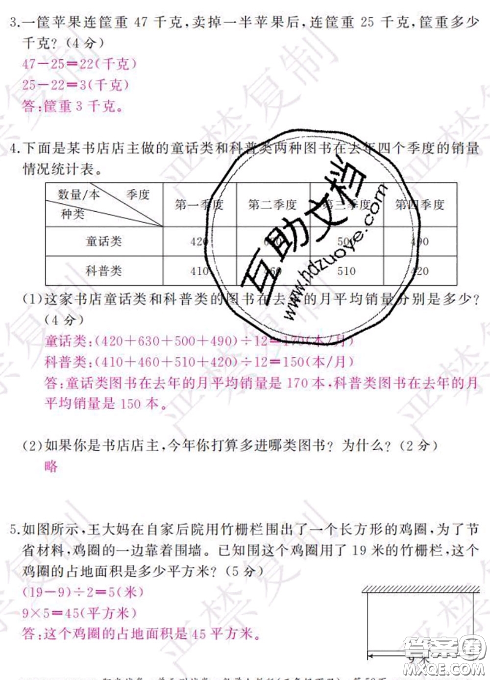 2020春陽光試卷單元測(cè)試卷三年級(jí)數(shù)學(xué)下冊(cè)人教版答案