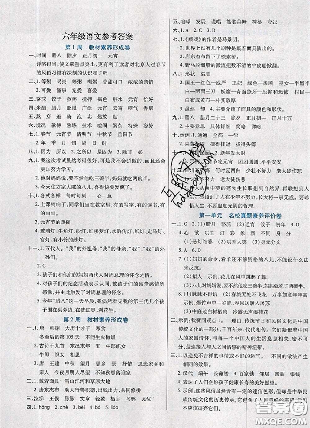 2020新版做對題核心素養(yǎng)卷六年級語文下冊人教版答案