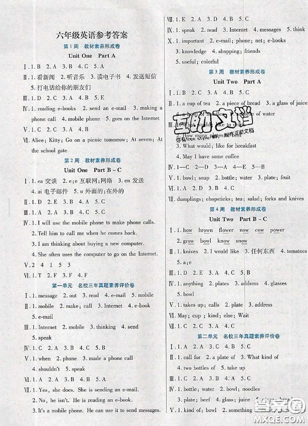 2020新版做對(duì)題核心素養(yǎng)卷六年級(jí)英語(yǔ)下冊(cè)陜旅版答案