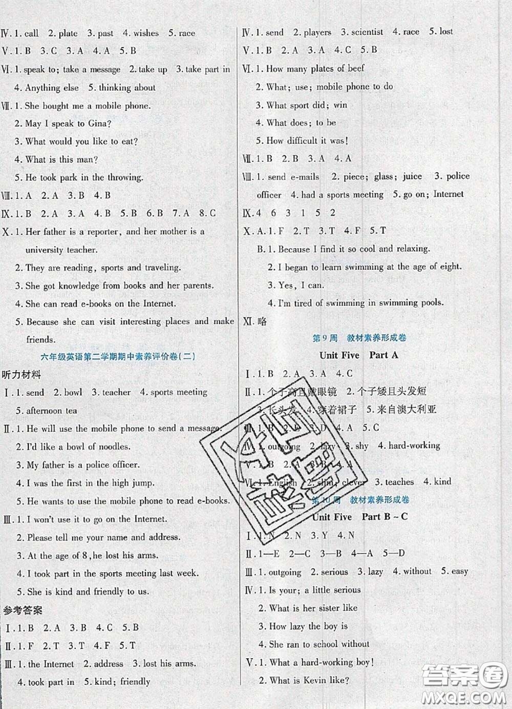 2020新版做對(duì)題核心素養(yǎng)卷六年級(jí)英語(yǔ)下冊(cè)陜旅版答案
