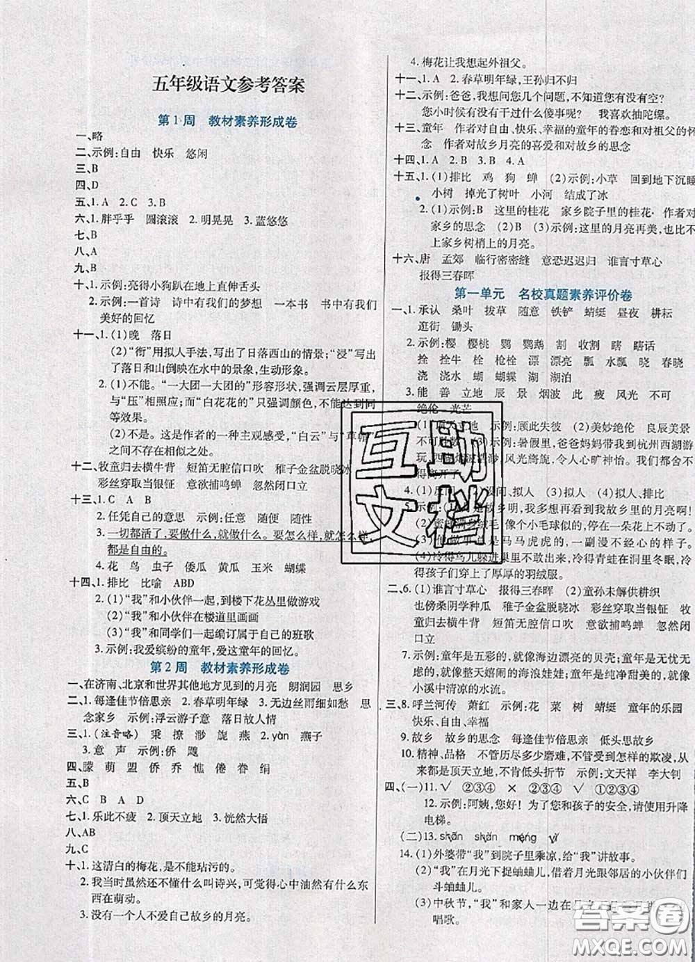 2020新版做對(duì)題核心素養(yǎng)卷五年級(jí)語文下冊(cè)人教版答案