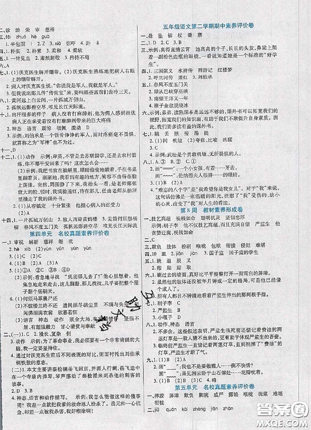 2020新版做對(duì)題核心素養(yǎng)卷五年級(jí)語文下冊(cè)人教版答案
