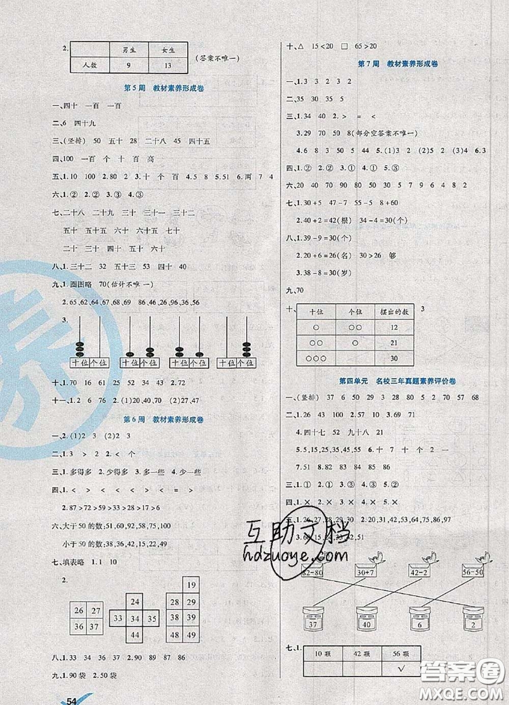 2020新版做對題核心素養(yǎng)卷一年級數(shù)學(xué)下冊人教版答案