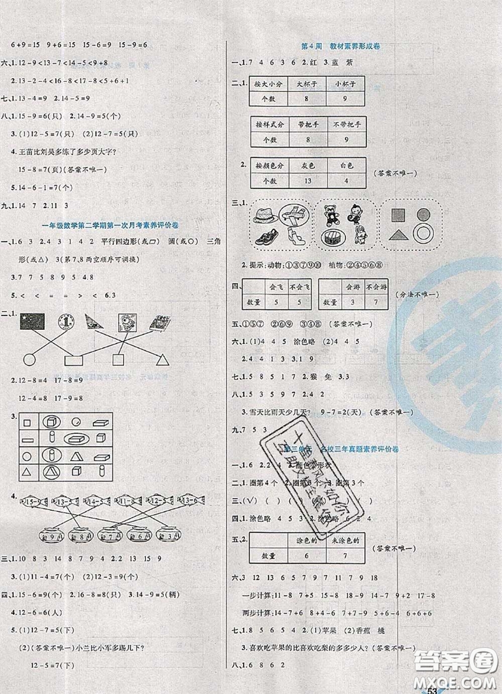 2020新版做對題核心素養(yǎng)卷一年級數(shù)學(xué)下冊人教版答案