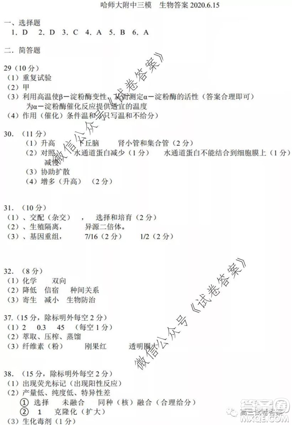 哈師大附中2020年高三第三次模擬考試?yán)砜凭C合試題及答案