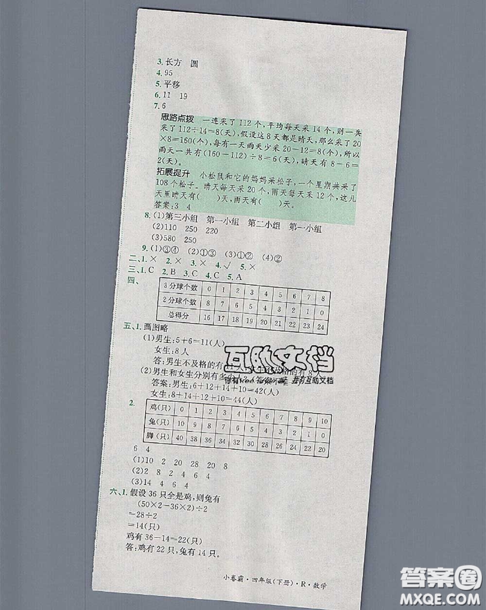 江西高校出版社2020春小卷霸四年級數(shù)學下冊人教版答案