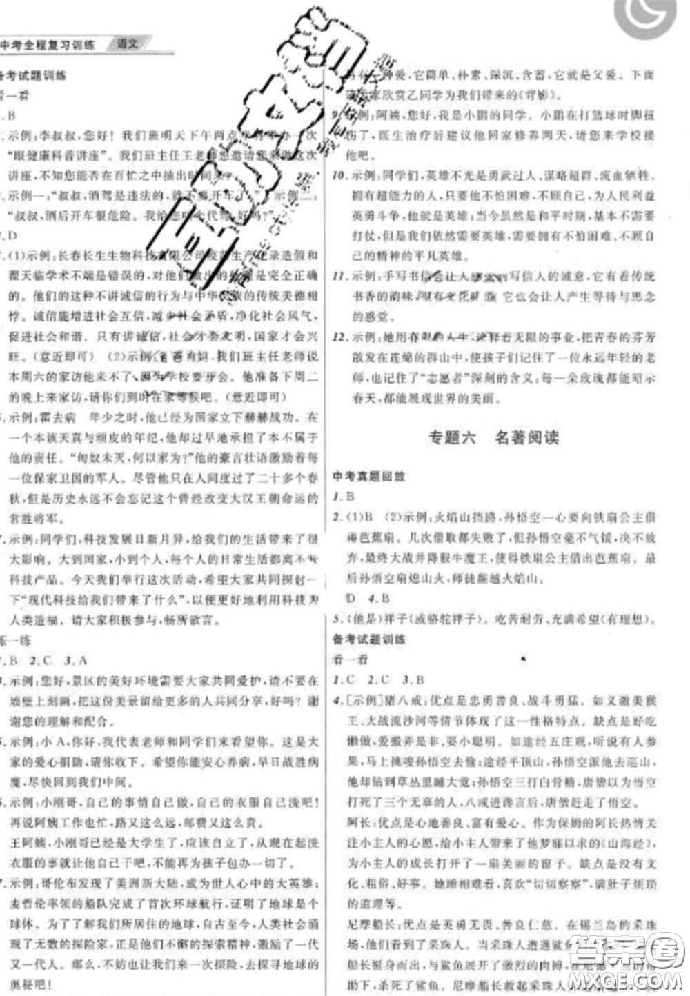 2020年中考全程復習訓練初中語文全冊通用版答案