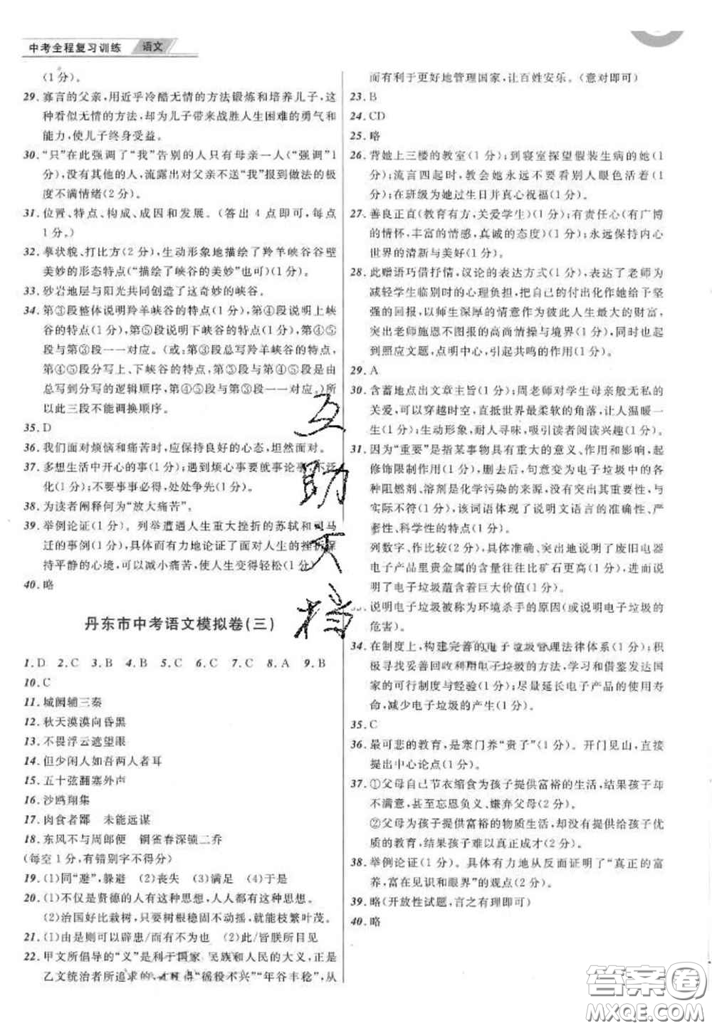 2020年中考全程復習訓練初中語文全冊通用版答案