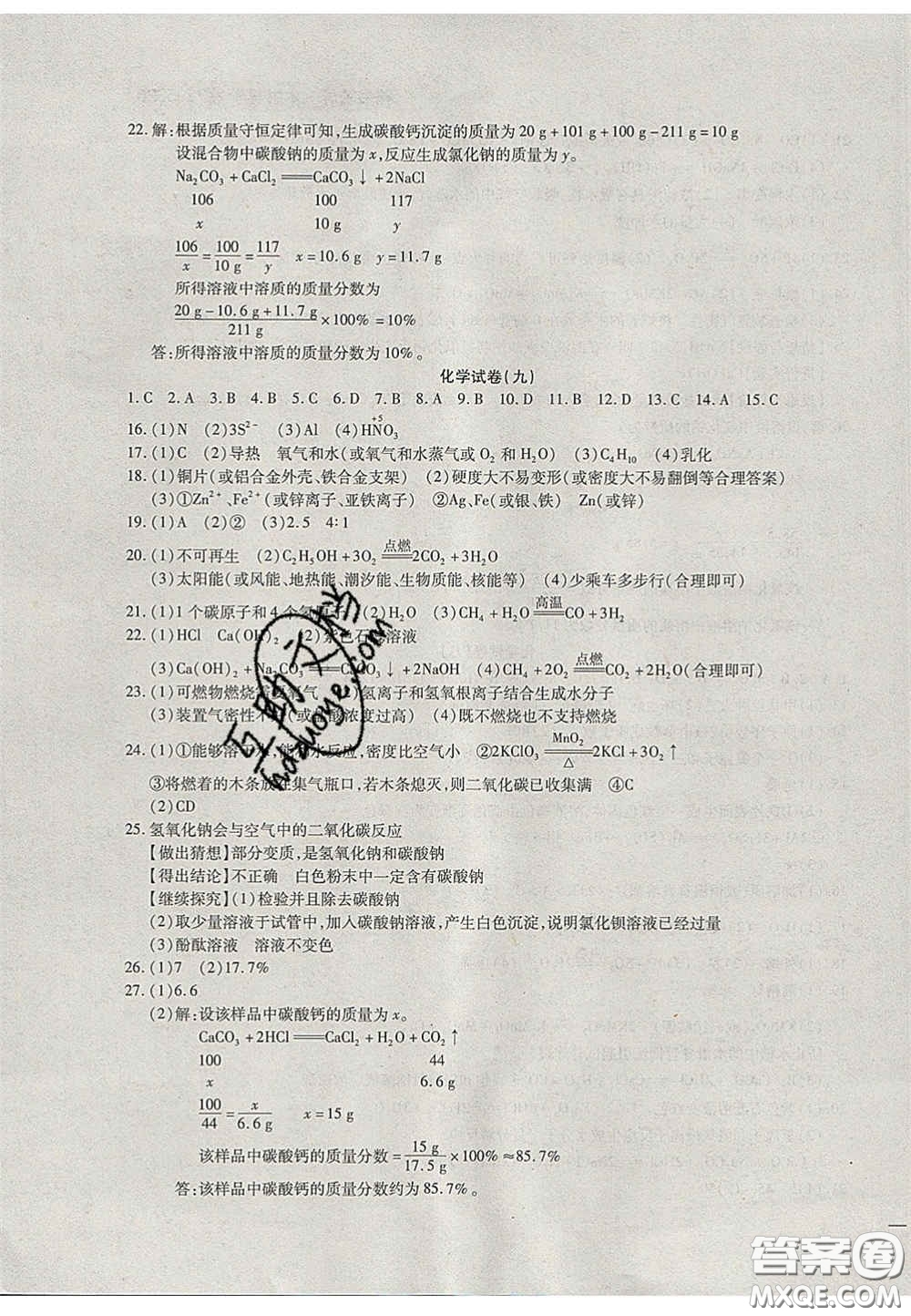 2020年中考全程復習仿真模擬試卷化學人教版答案