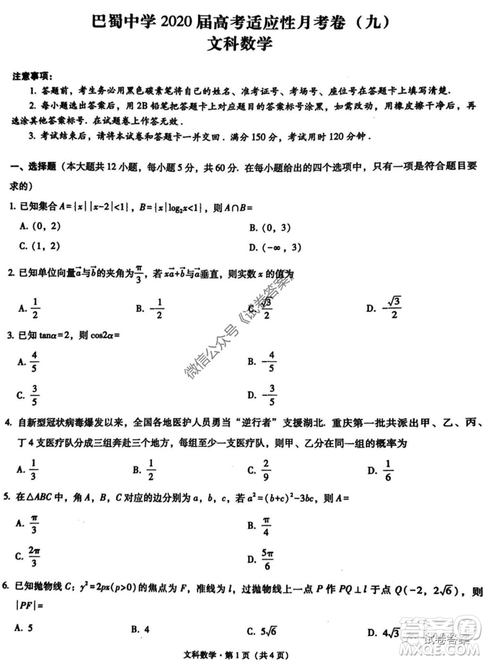 巴蜀中學(xué)2020屆高考適應(yīng)性月考卷九文科數(shù)學(xué)試題及答案