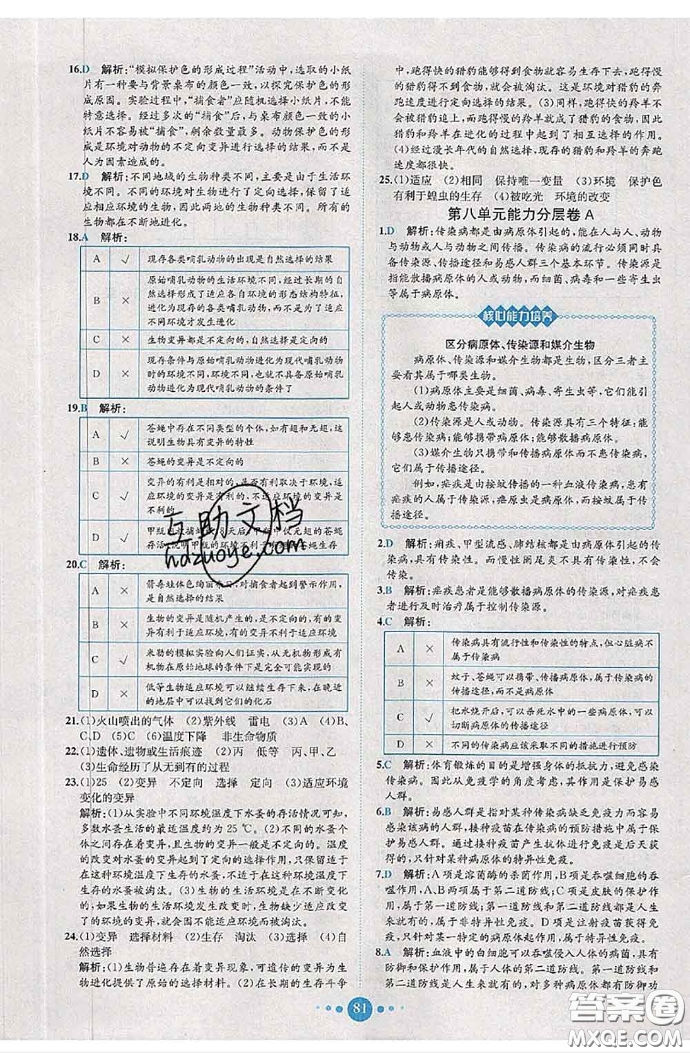 2020春課時練核心素養(yǎng)卷初中同步達(dá)標(biāo)測試卷八年級生物下冊答案