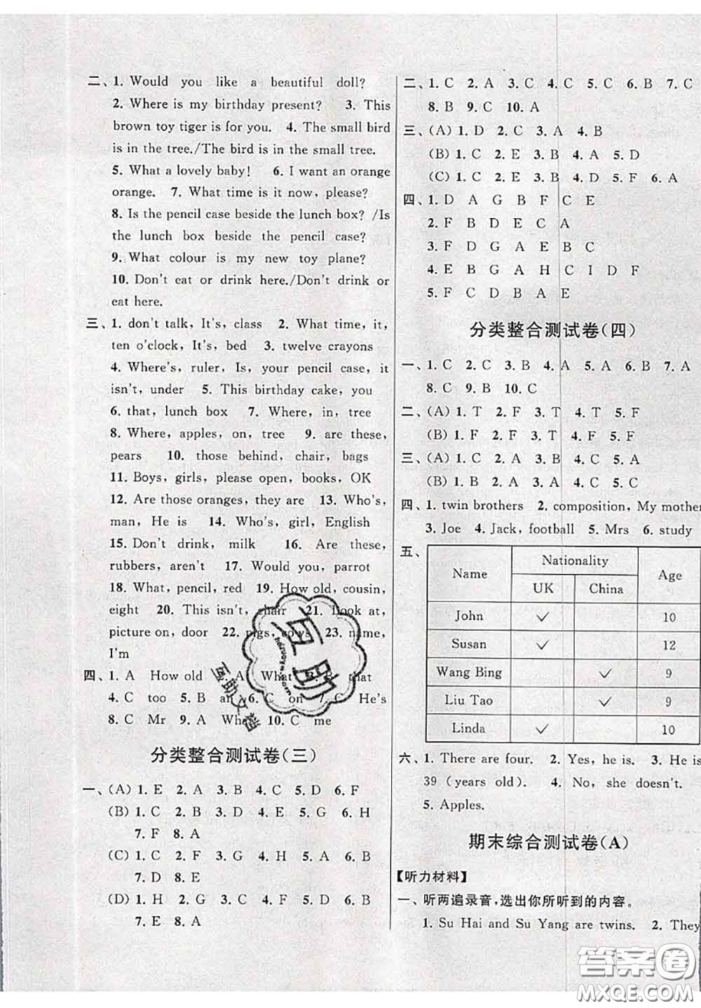 新世紀出版社2020年亮點給力大試卷三年級英語下冊江蘇版答案