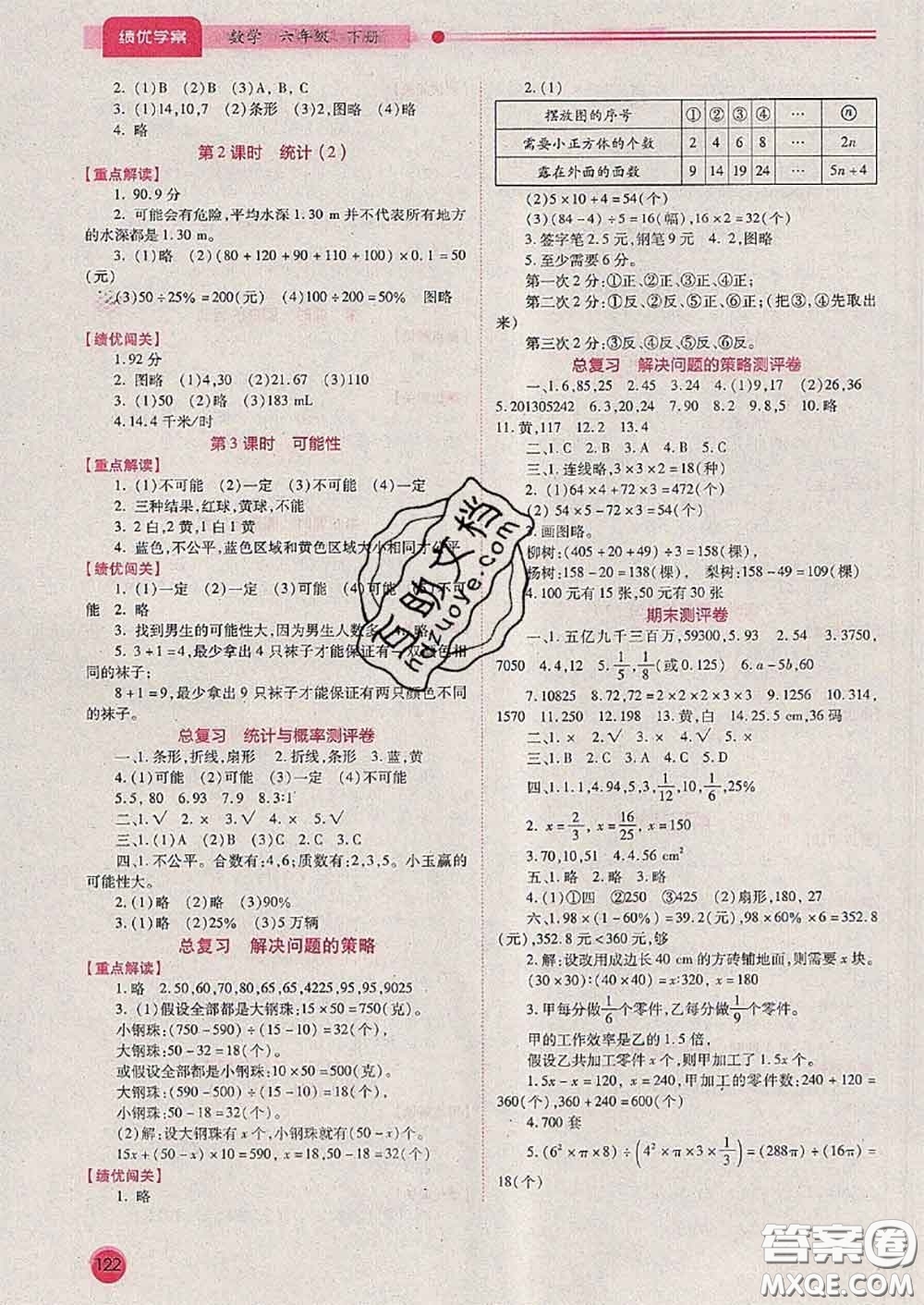 陜西師范大學(xué)出版社2020春績優(yōu)學(xué)案六年級(jí)數(shù)學(xué)下冊(cè)人教版答案