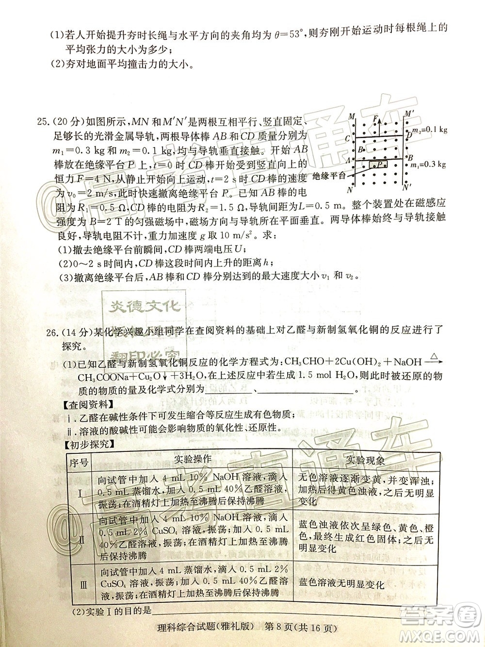 炎德英才大聯(lián)考雅禮中學(xué)2020屆高考模擬卷二理科綜合試題及答案