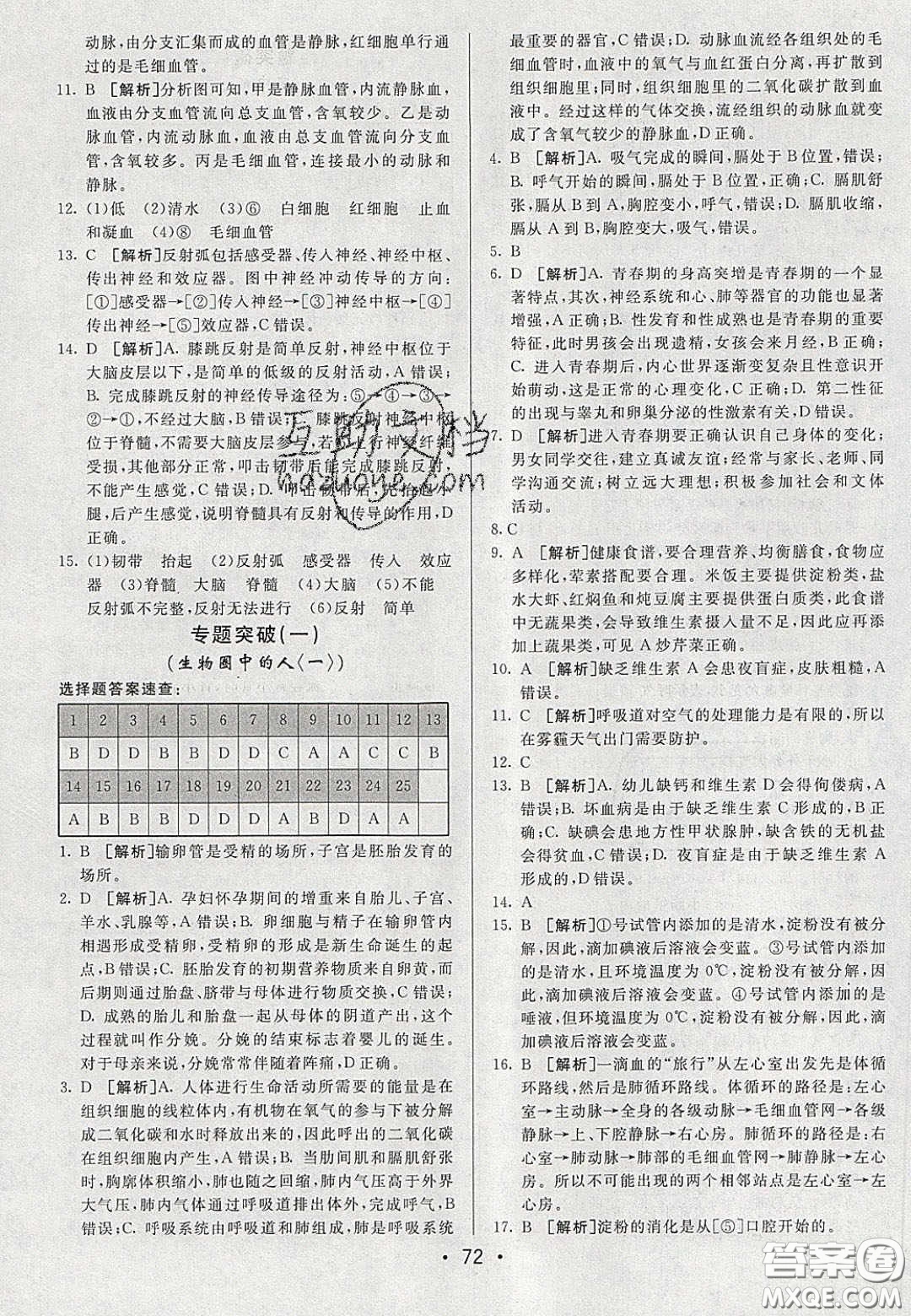 2020年期末考向標(biāo)海淀新編跟蹤突破測試七年級生物下冊人教版答案