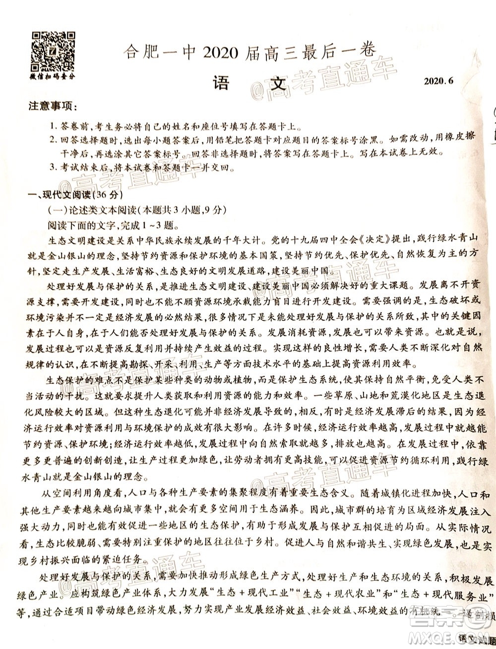 合肥一中2020屆高三最后一卷語(yǔ)文試題及答案