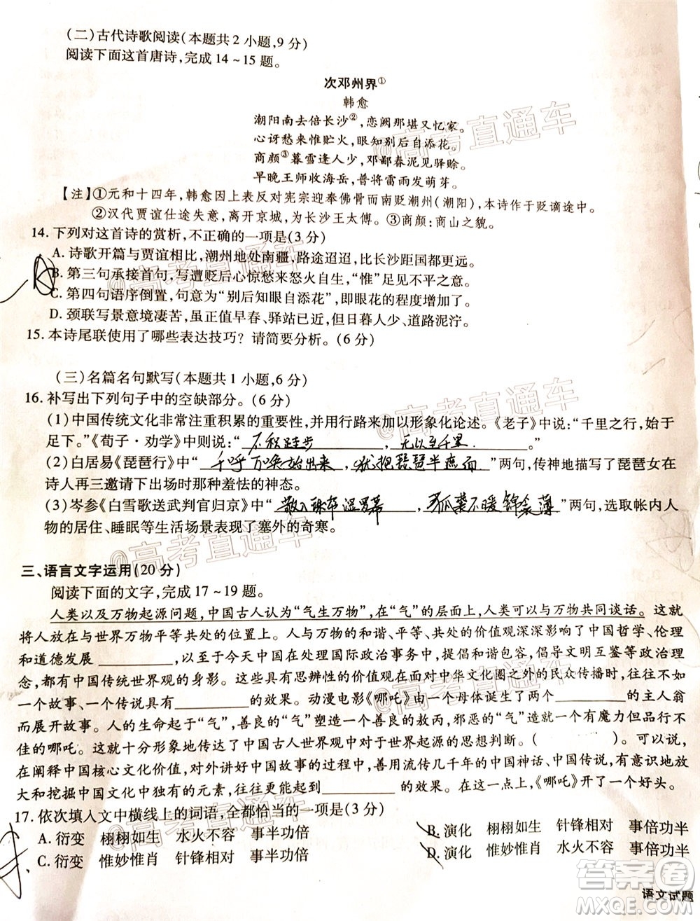 合肥一中2020屆高三最后一卷語(yǔ)文試題及答案