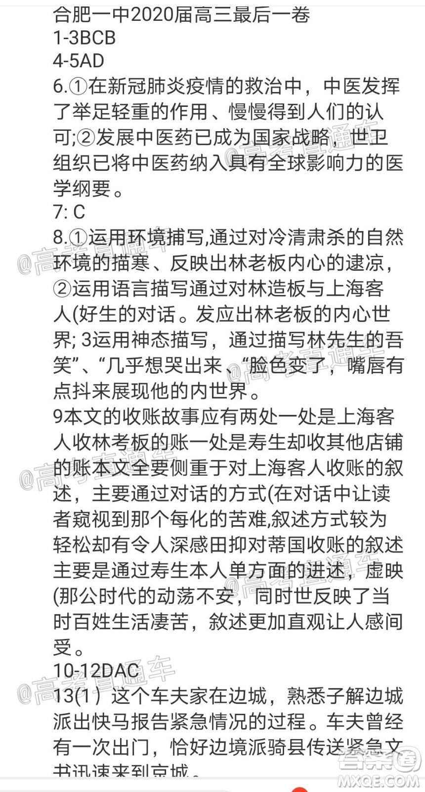 合肥一中2020屆高三最后一卷語(yǔ)文試題及答案