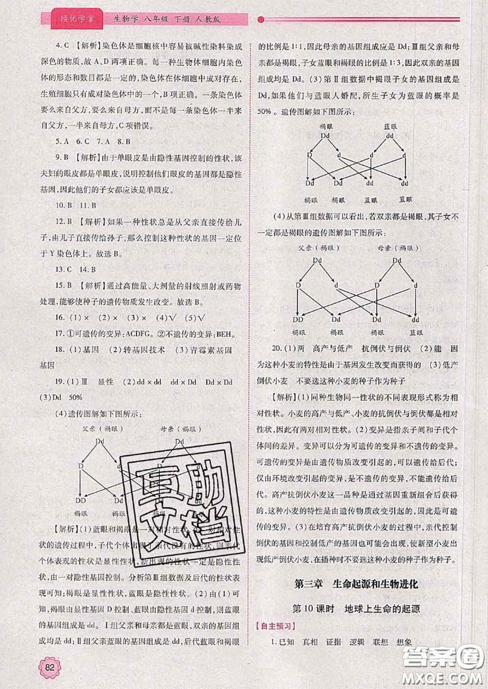陜西師范大學出版社2020春績優(yōu)學案八年級生物下冊人教版答案