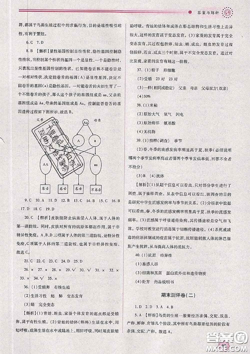 陜西師范大學出版社2020春績優(yōu)學案八年級生物下冊人教版答案