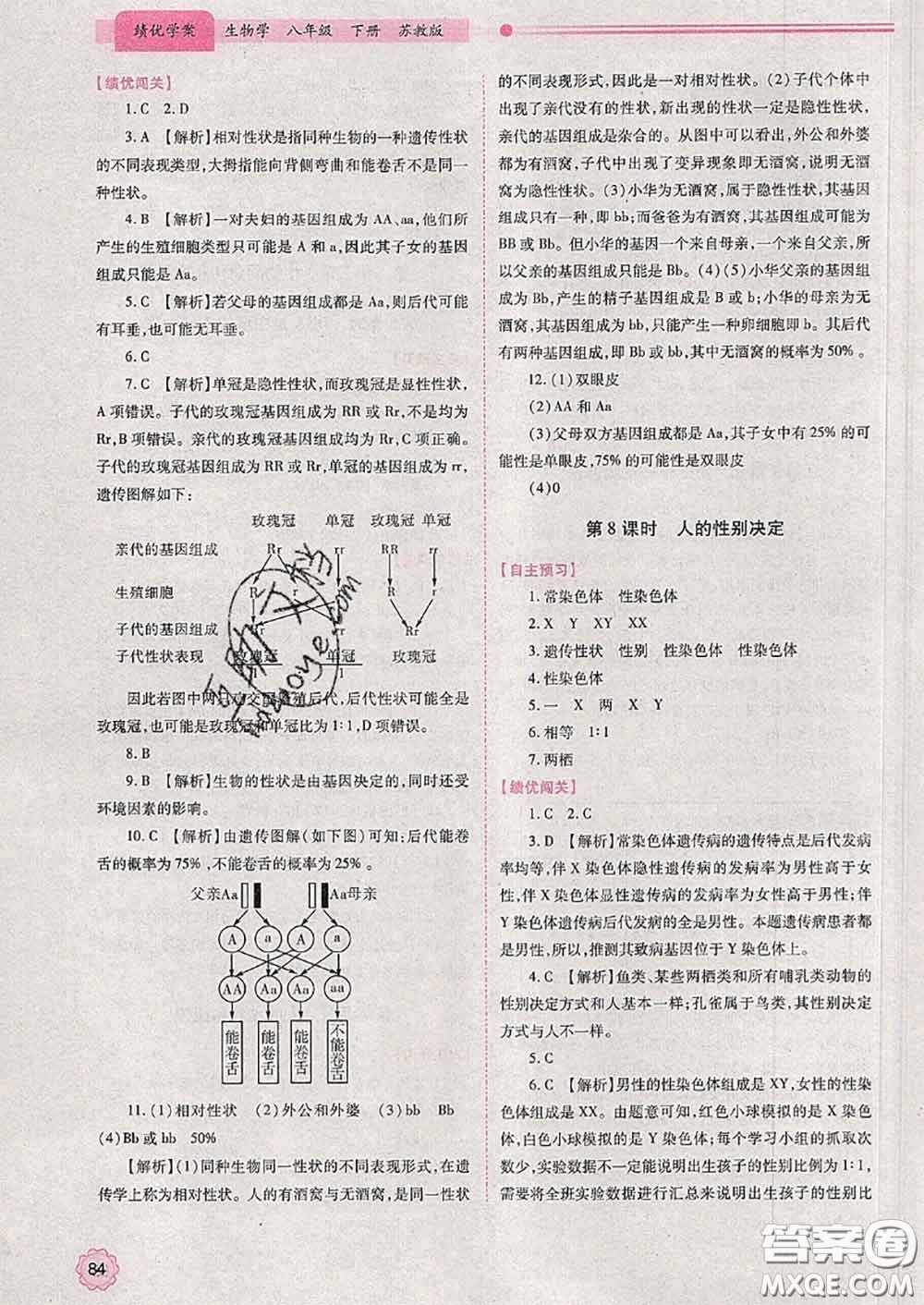 陜西師范大學(xué)出版社2020春績優(yōu)學(xué)案八年級(jí)生物下冊(cè)蘇教版答案