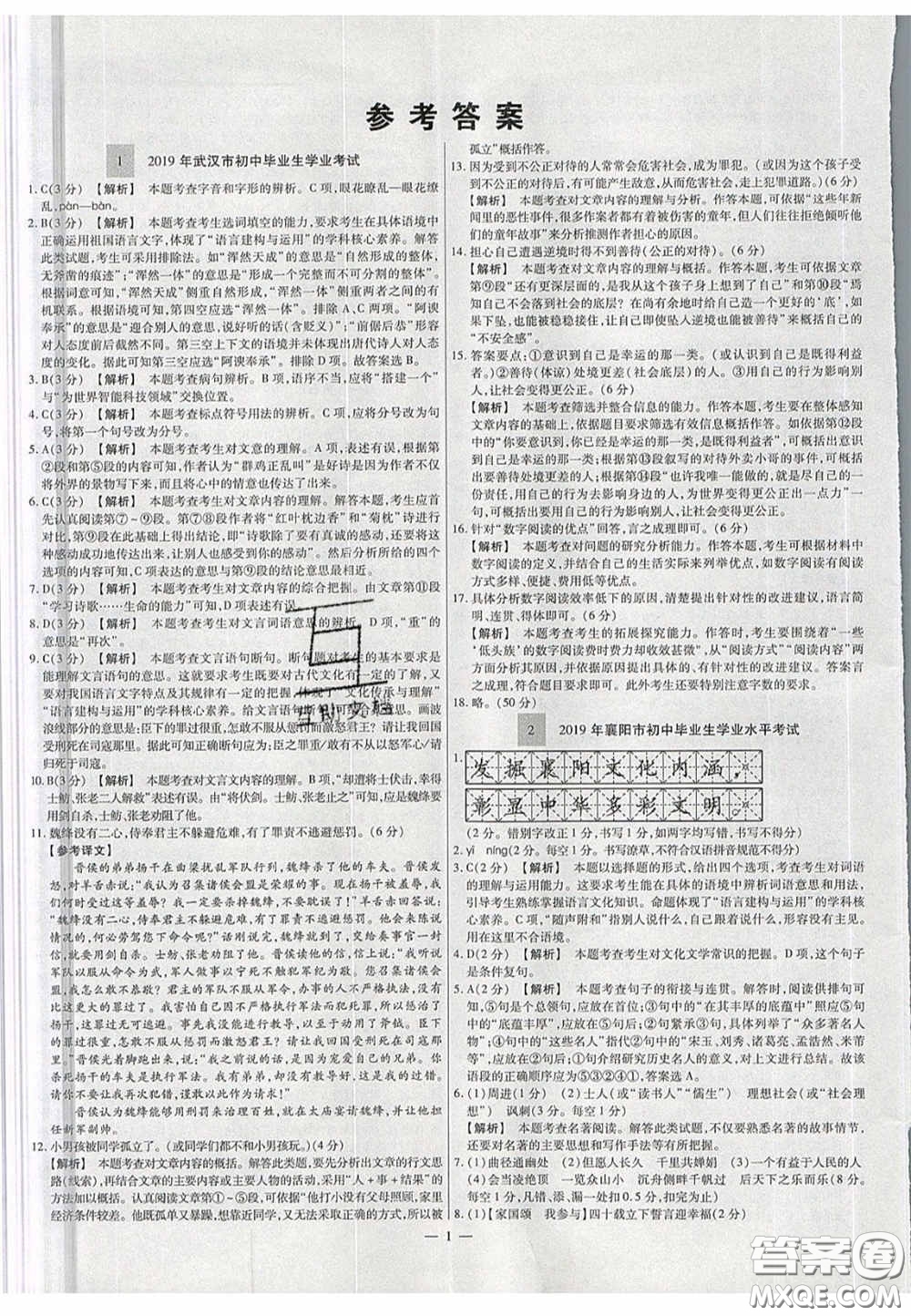 2020年中考必備湖北省中考試題精編語文答案