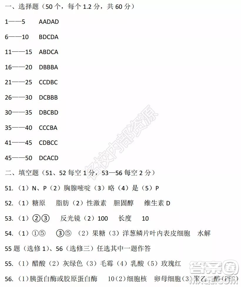 黑龍江省實(shí)驗(yàn)中學(xué)2019-2020學(xué)年下學(xué)期高二年級期中考試?yán)砜凭C合試卷及答案