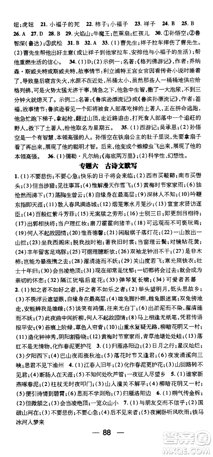 2020年期末沖刺王暑假作業(yè)語(yǔ)文七年級(jí)RJ人教版參考答案