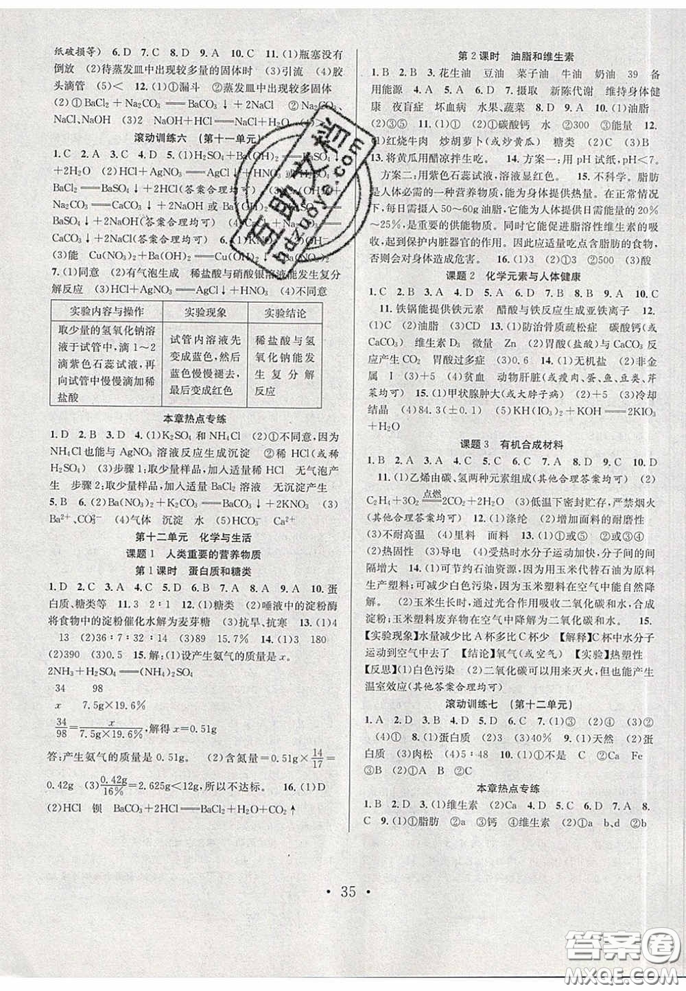 2020宏遠(yuǎn)龍七天學(xué)案學(xué)練考九年級化學(xué)下冊人教版答案