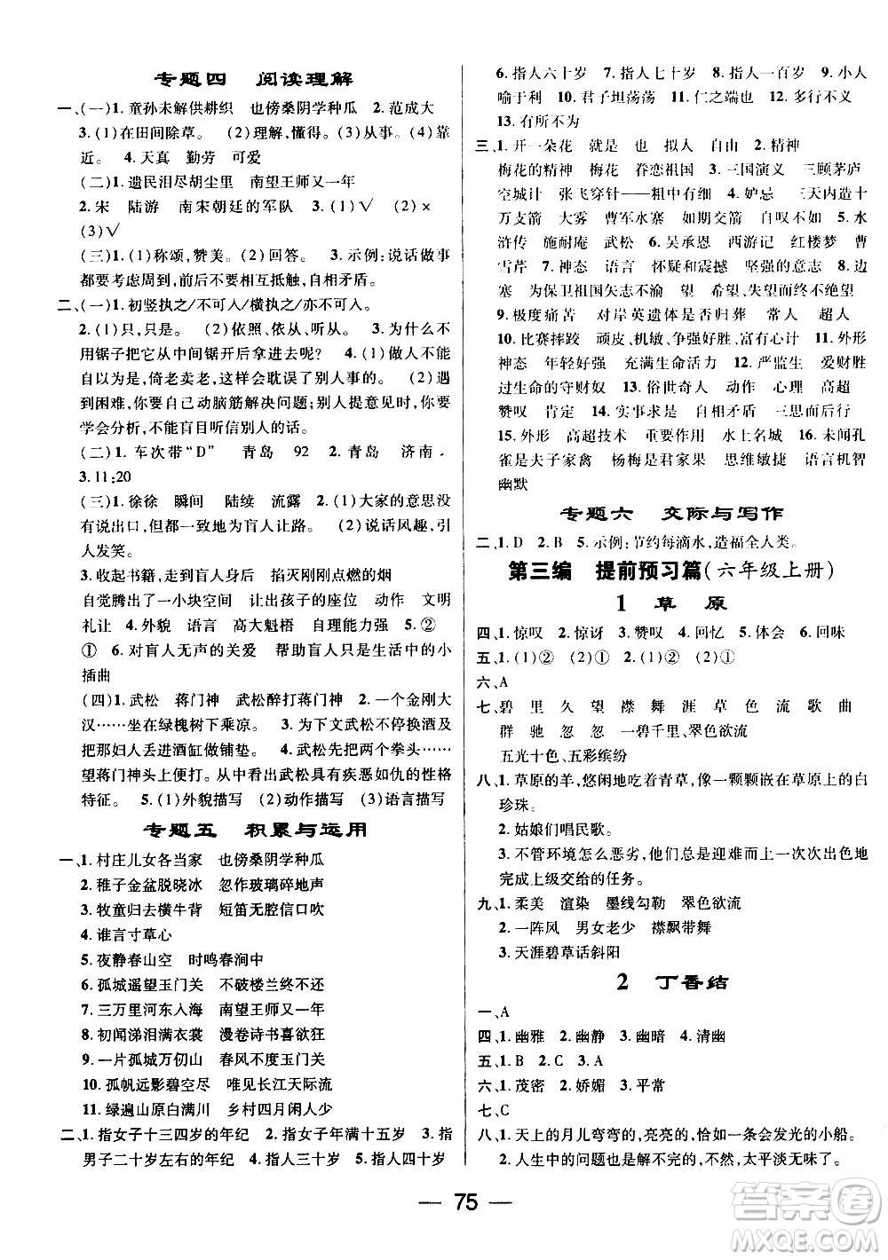 2020年期末沖刺王暑假作業(yè)語(yǔ)文五年級(jí)RJ人教版參考答案