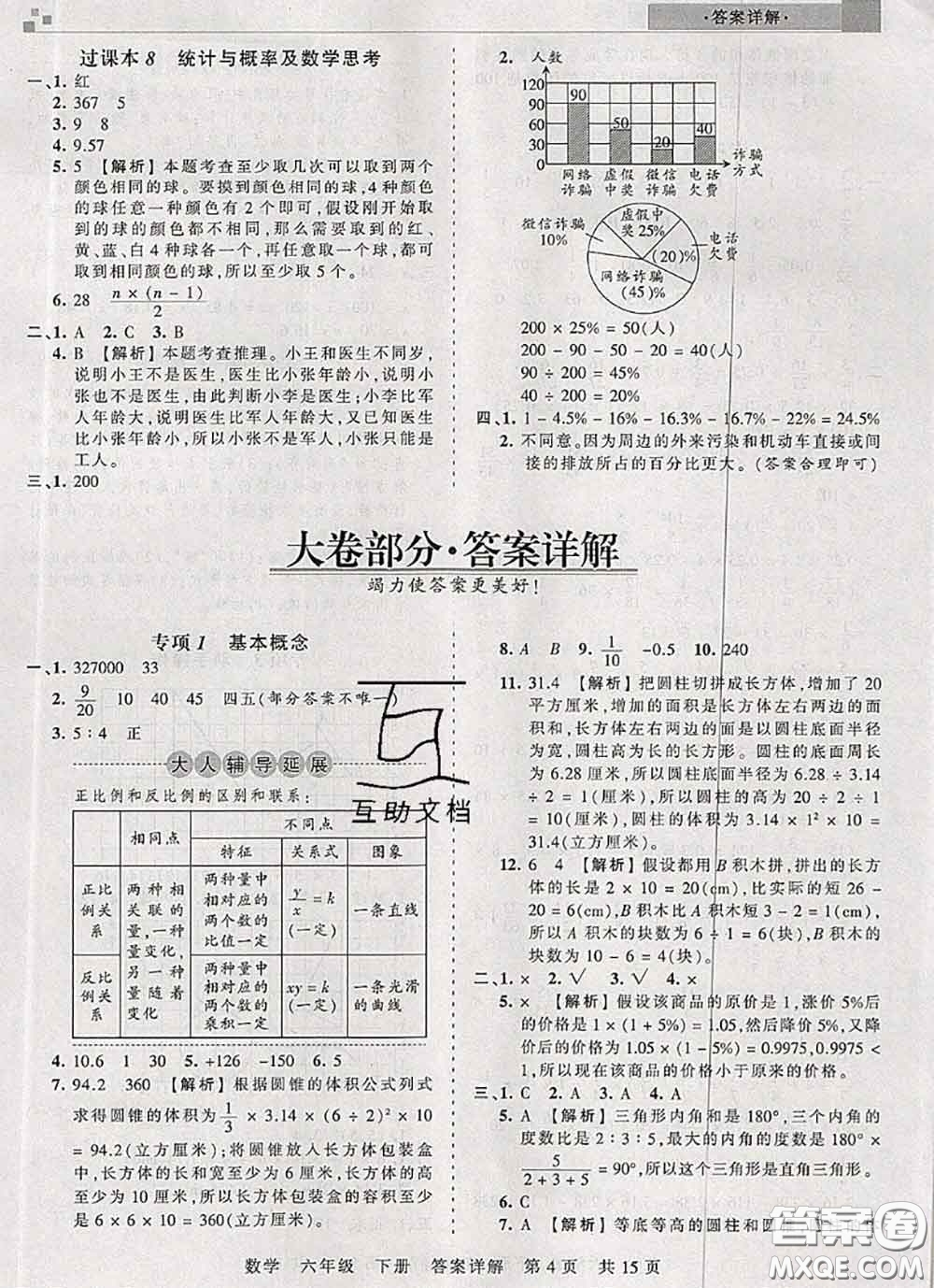 2020年王朝霞各地期末試卷精選六年級數(shù)學下冊人教版湖北專版答案