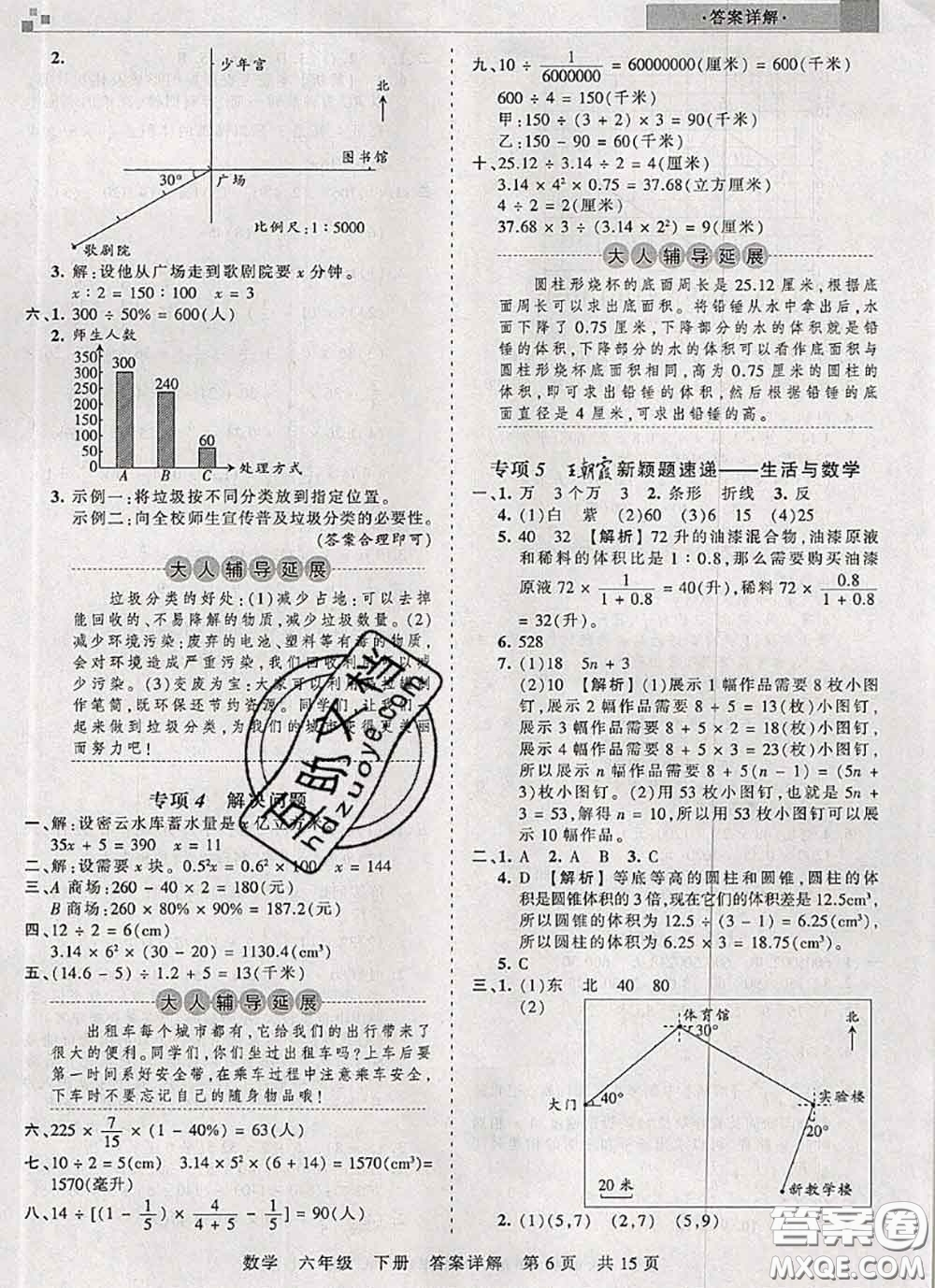 2020年王朝霞各地期末試卷精選六年級數(shù)學下冊人教版湖北專版答案