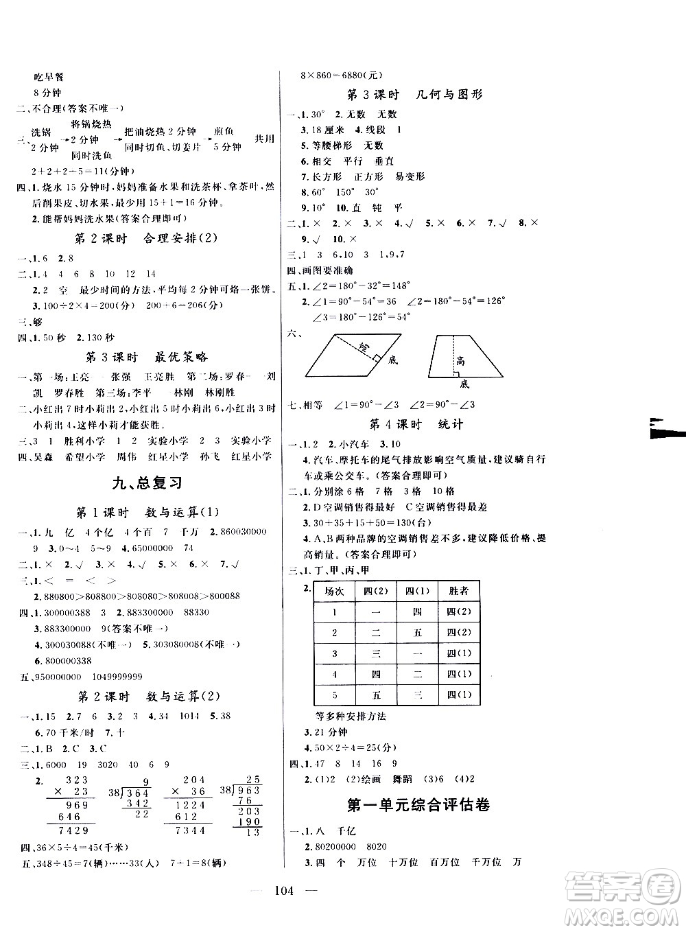 2020年狀元陪練課時優(yōu)化設計數(shù)學四年級上冊RJ人教版參考答案
