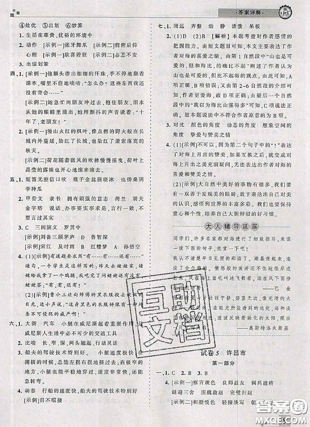 2020年王朝霞各地期末試卷精選五年級(jí)語文下冊(cè)人教版河南專版答案