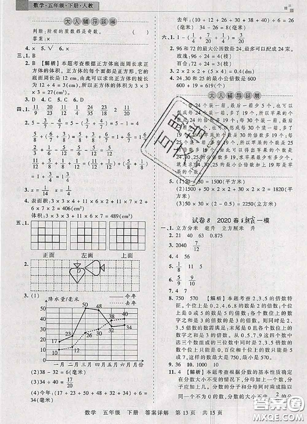 2020年王朝霞各地期末試卷精選五年級數(shù)學(xué)下冊人教版湖北專版答案
