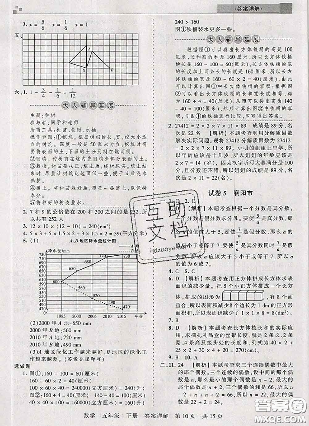 2020年王朝霞各地期末試卷精選五年級數(shù)學(xué)下冊人教版湖北專版答案