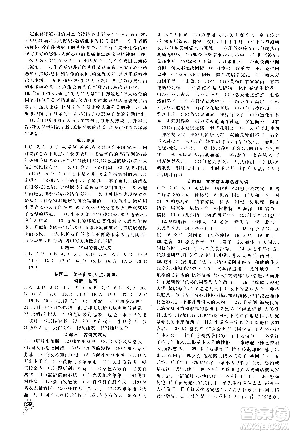 2020年暑假學(xué)期總復(fù)習(xí)贏在假期期末暑假語(yǔ)文七年級(jí)RJ人教版參考答案